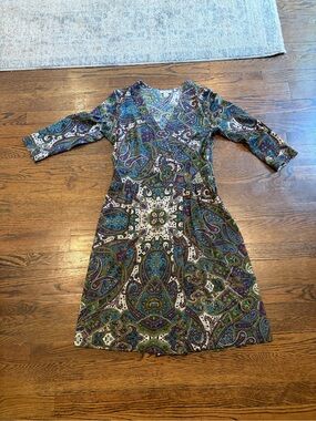 Nieves Lavi Paisley Midi Wrap Dress in Green, Purple, Blue